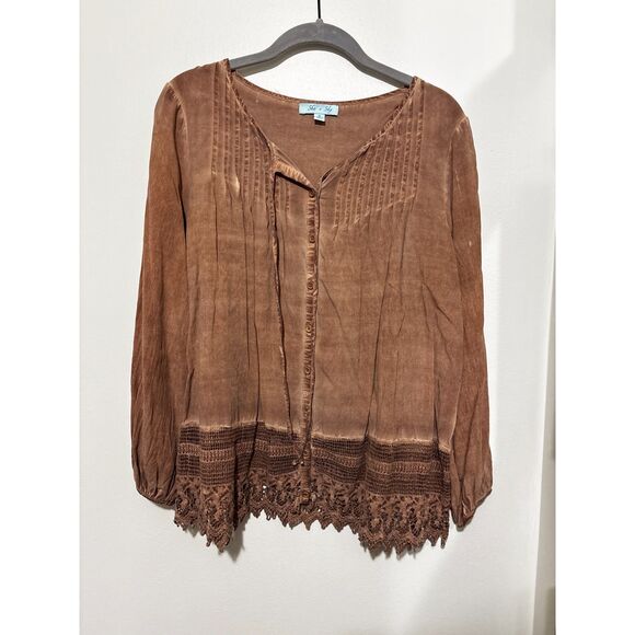 She + Sky Tops - She + Sky Brown Boho Button Front Blouse Lace Hem Peasant Top Women’s Small